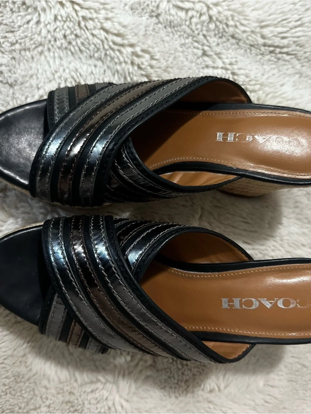 Coach Black and Brown Striped Espadrille Wedge Slide